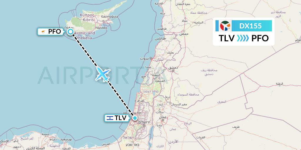 DX155 Danish Air Transport Flight Map: Tel Aviv to Pafos