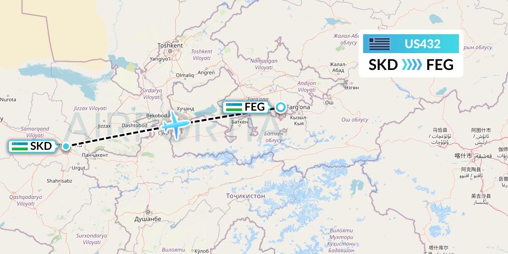 US432 US Airways Flight Map: Samarkand to Fergana