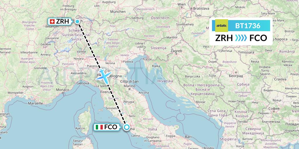 BT1736 Air Baltic Flight Map: Zurich to Rome