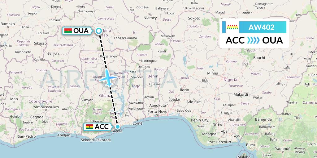 AW402 Africa World Airlines Flight Map: Accra to Ouagadougou