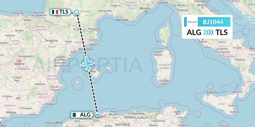 BJ1044 Nouvelair Tunisie Flight Map: Algiers to Toulouse