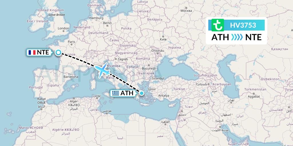 HV3753 Transavia Flight Map: Athens to Nantes