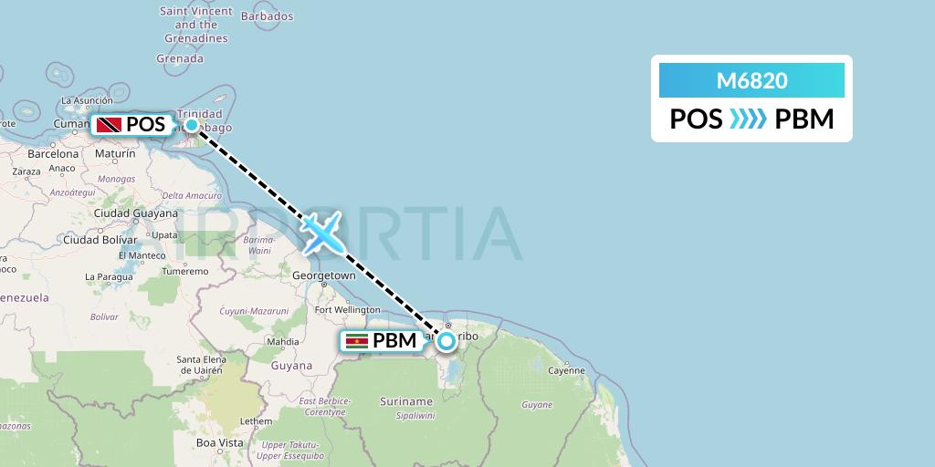 M6820 Amerijet International Flight Map: Port of Spain to Paramaribo