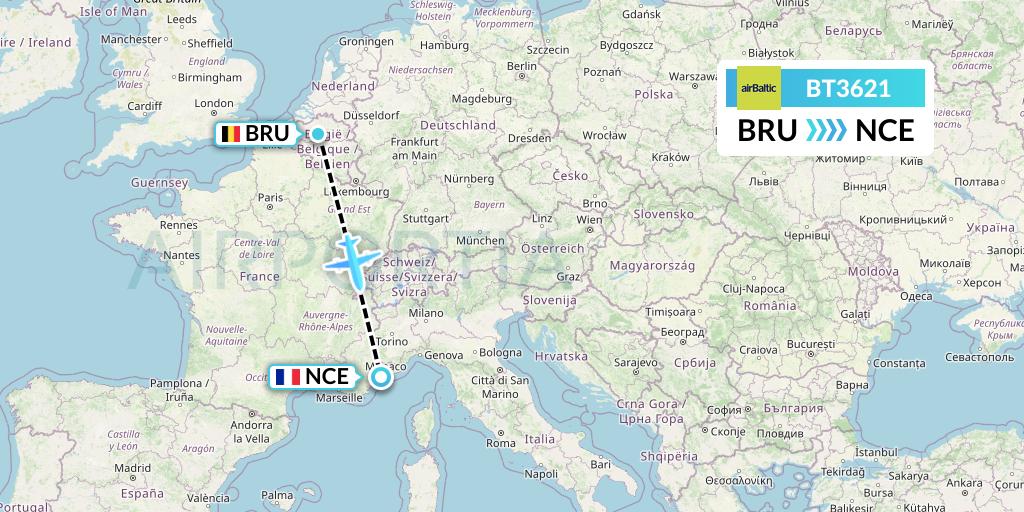 BT3621 Air Baltic Flight Map: Brussels to Nice