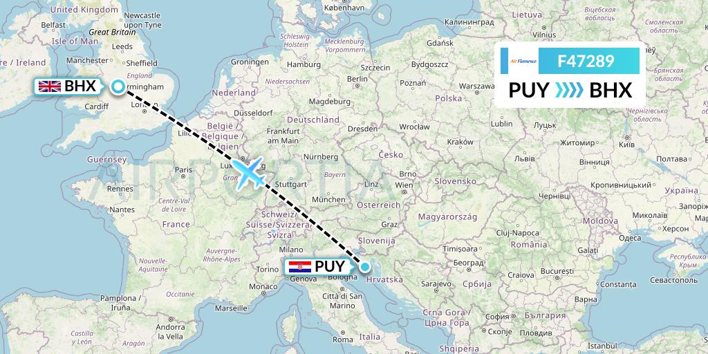 F47289 Air Flamenco Flight Map: Pula to Birmingham