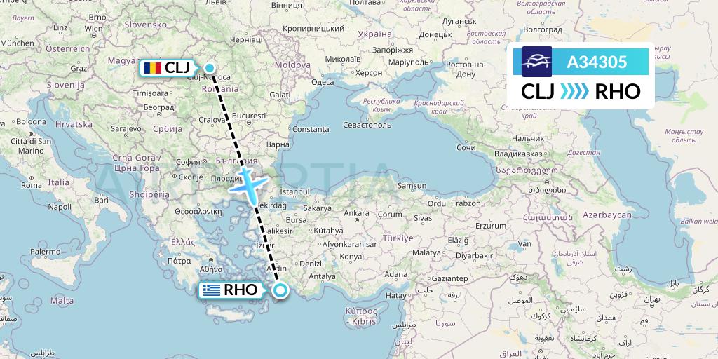 A34305 Aegean Airlines Flight Map: Cluj-Napoca to Rhodes
