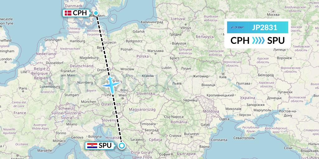 JP2831 Adria Airways Flight Map: Copenhagen to Split