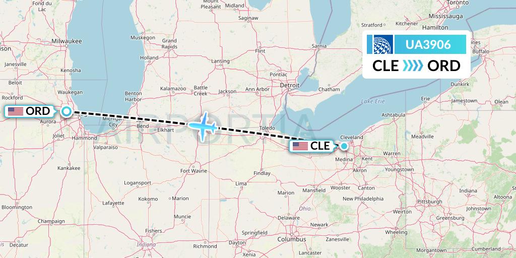UA3906 United Airlines Flight Map: Cleveland to Chicago