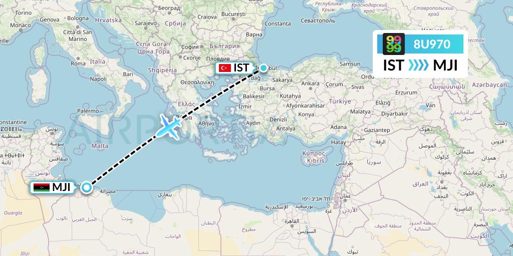 8U970 Afriqiyah Airways Flight Map: Istanbul to Tripoli