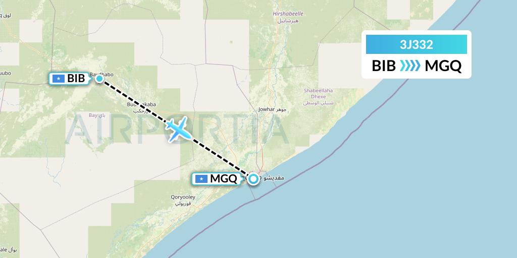 3J332 Jubba Airways Flight Map: Baidoa to Mogadishu