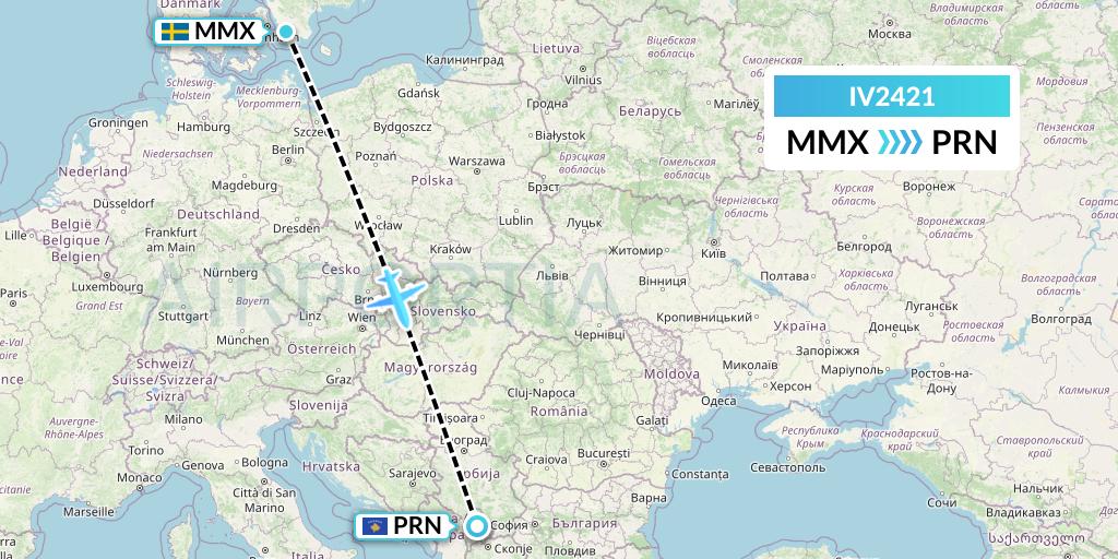 IV2421 VVB Aviation Malta Flight Map: Malmo to Pristina