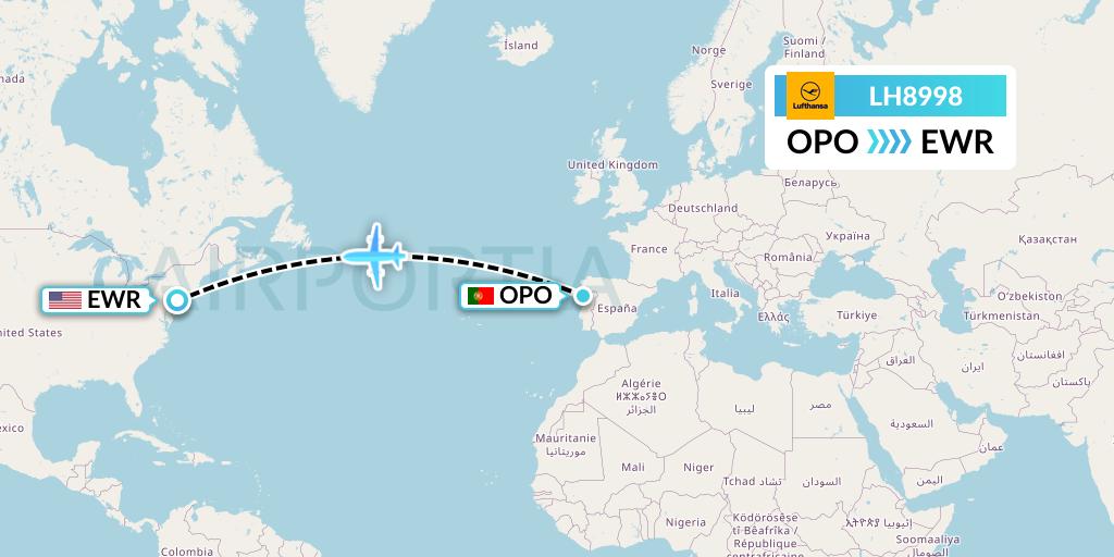 LH8998 Lufthansa Flight Map: Porto to New York