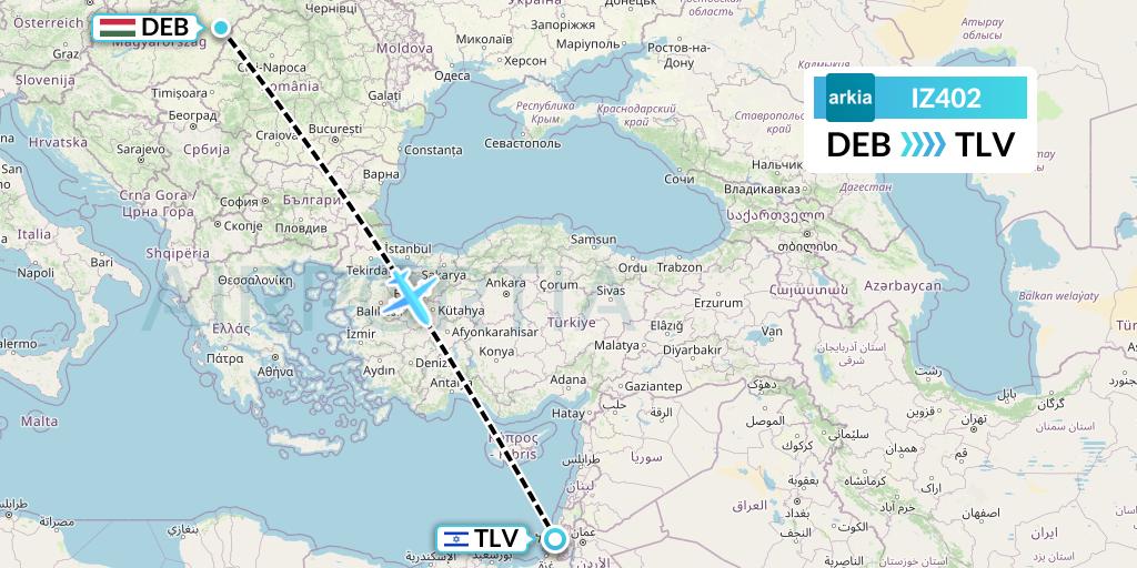 IZ402 Arkia Israeli Airlines Flight Map: Debrecen to Tel Aviv