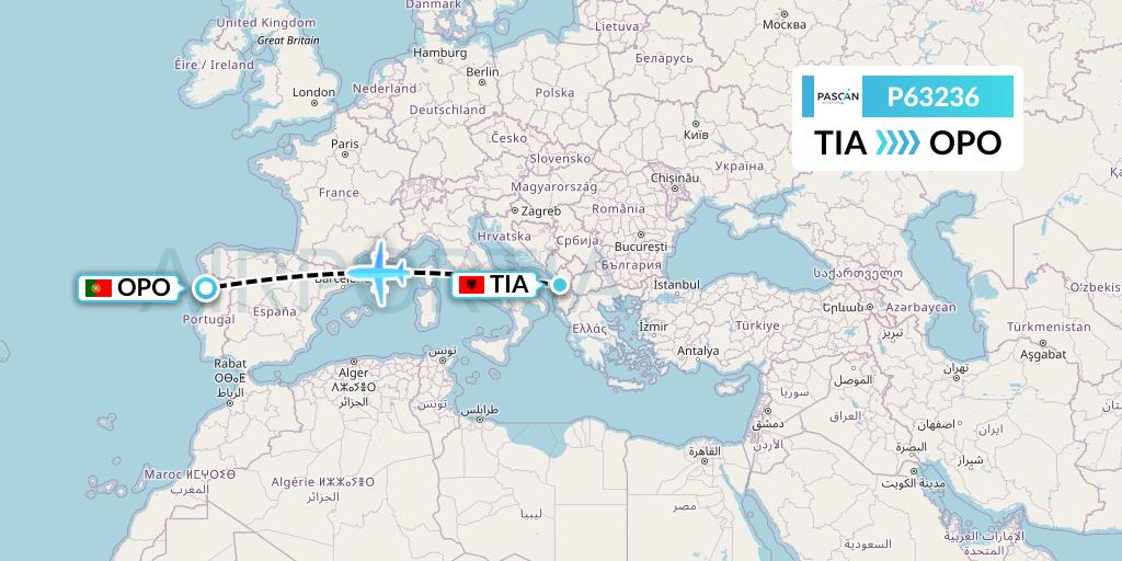 P63236 Pascan Aviation Flight Map: Tirana to Porto