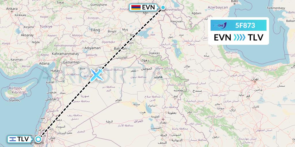 5F873 Fly One Flight Map: Yerevan to Tel Aviv