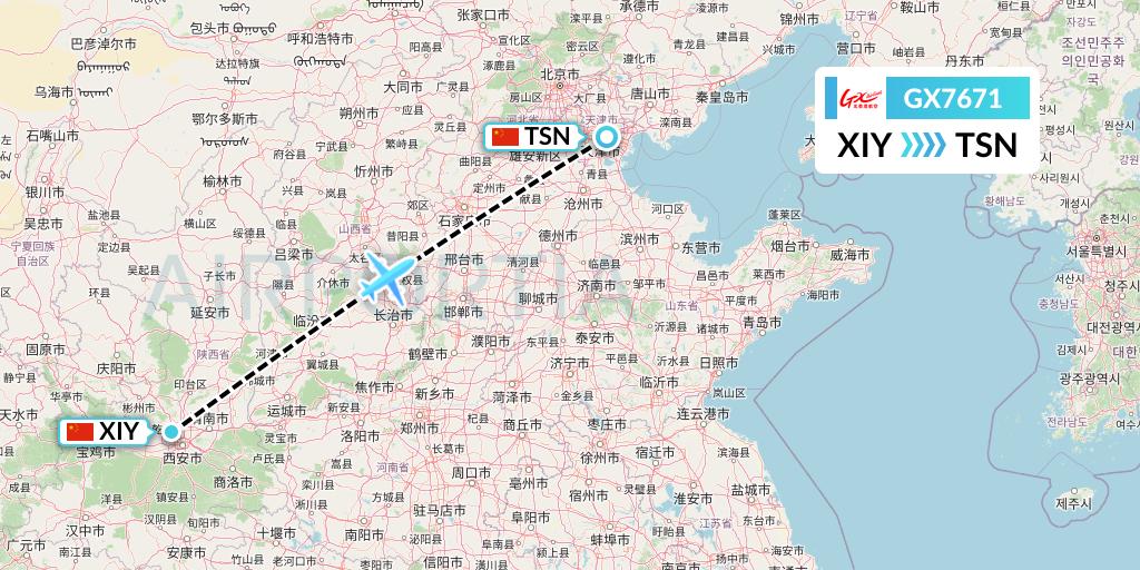 GX7671 GX Airlines Flight Map: Xi'an to Tianjin