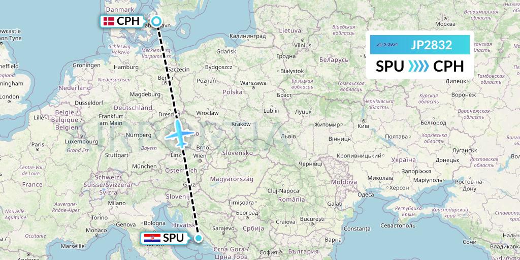 JP2832 Adria Airways Flight Map: Split to Copenhagen