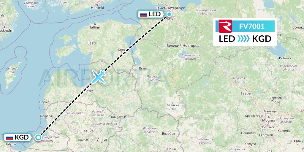 FV7001 Rossiya Flight Map: St. Petersburg to Kaliningrad