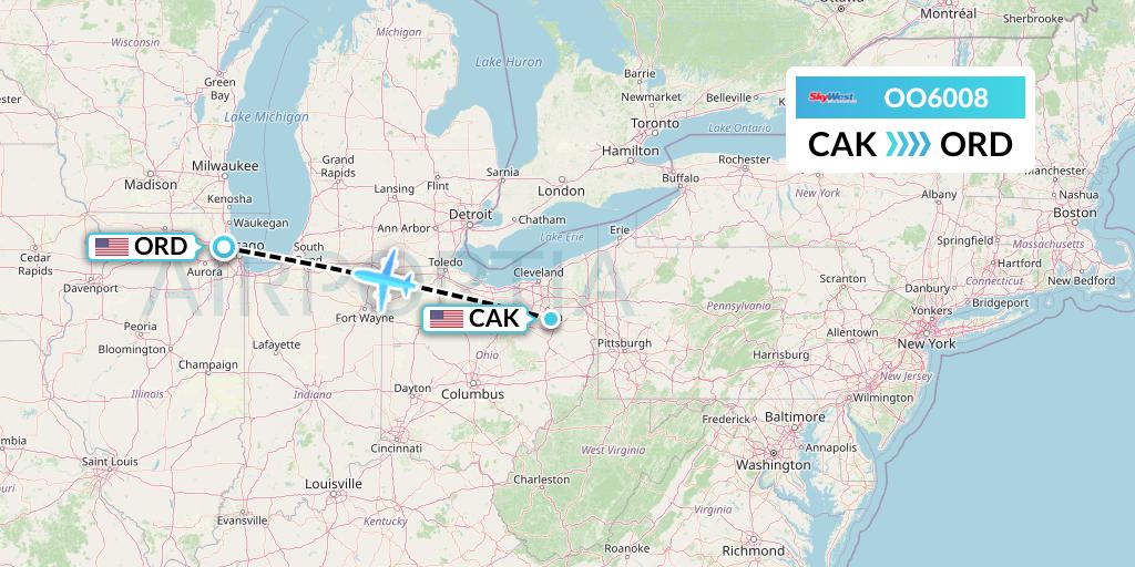 OO6008 SkyWest Airlines Flight Map: Akron to Chicago