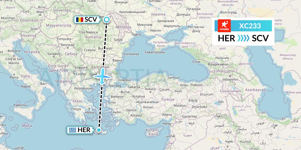 XC233 Corendon Airlines Flight Map: Heraklion to Suceava