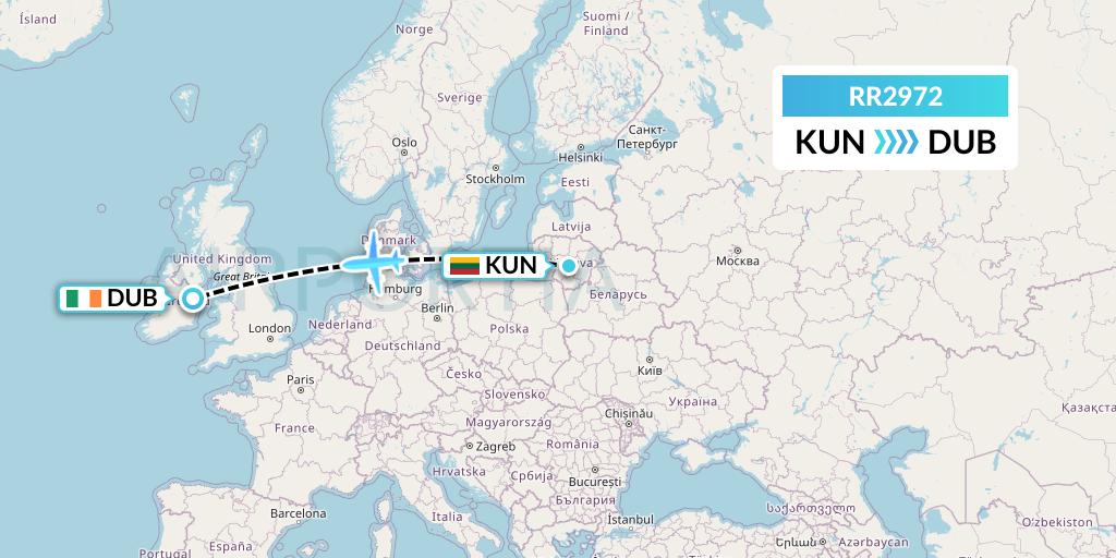 RR2972 Royal Air Force Flight Map: Kaunas to Dublin