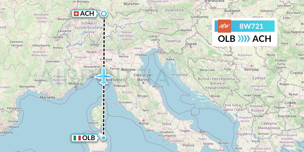 8W721 Fly AllWays Flight Map: Olbia to St. Gallen