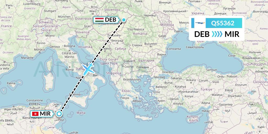 QS5362 Smartwings Flight Map: Debrecen to Monastir
