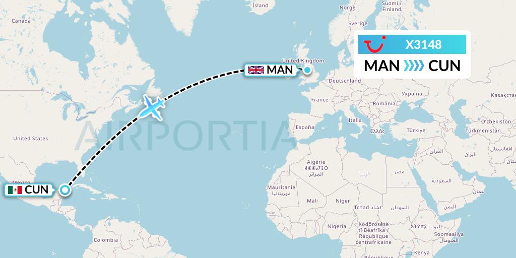 X3148 TUI fly Germany Flight Map: Manchester to Cancun