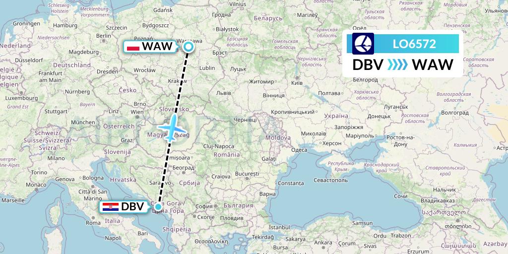 LO6572 LOT Flight Map: Dubrovnik to Warsaw