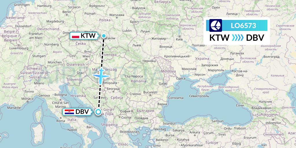 LO6573 LOT Flight Map: Katowice to Dubrovnik