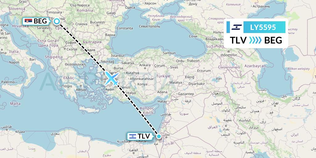 LY5595 El Al Flight Map: Tel Aviv to Belgrade