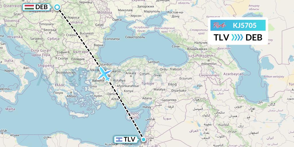 KJ5705 Air Incheon Flight Map: Tel Aviv to Debrecen