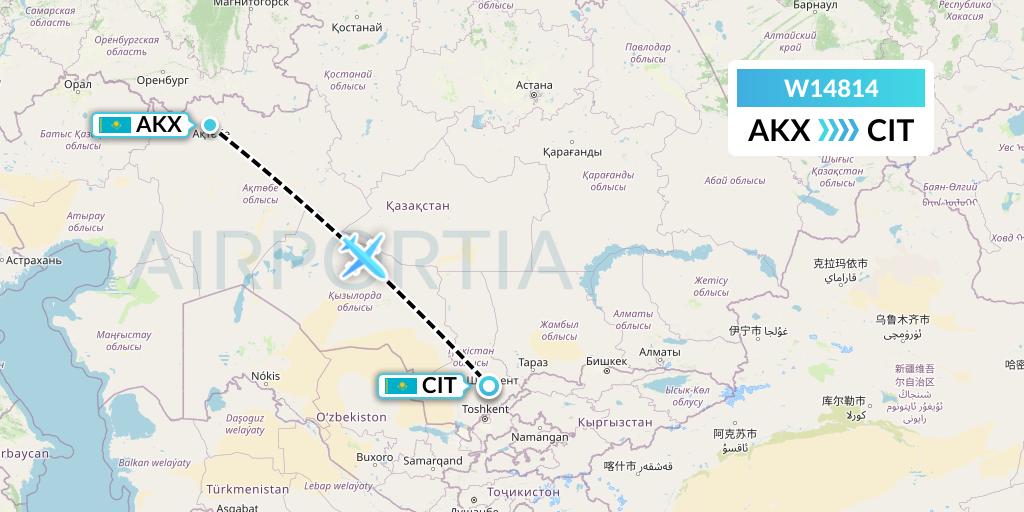 W14814 World Ticket Ltd Flight Map: Aktobe to Shymkent