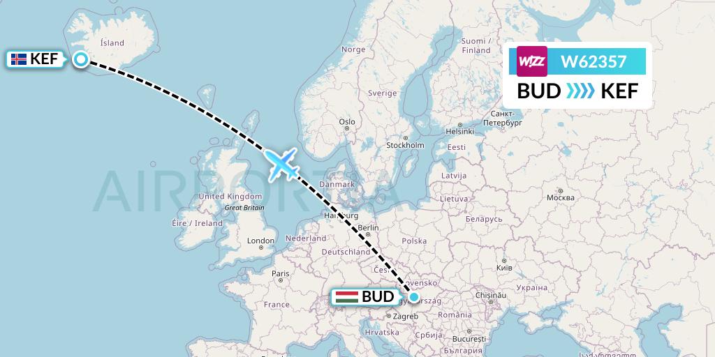 W62357 Wizz Air Flight Map: Budapest to Reykjavik
