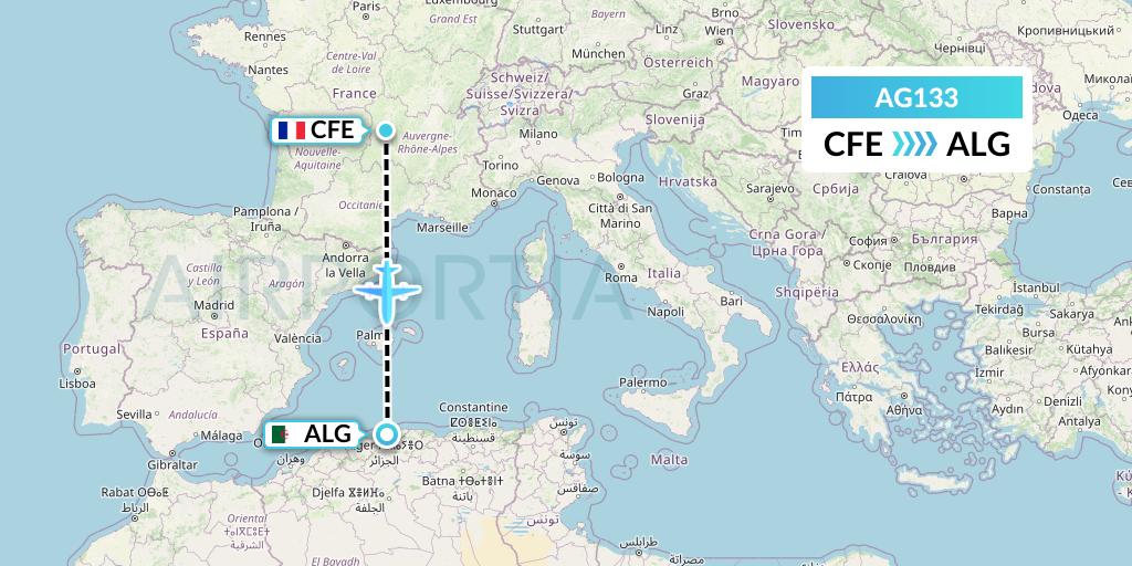 AG133 Aruba Airlines Flight Map: Clermont-Ferrand to Algiers