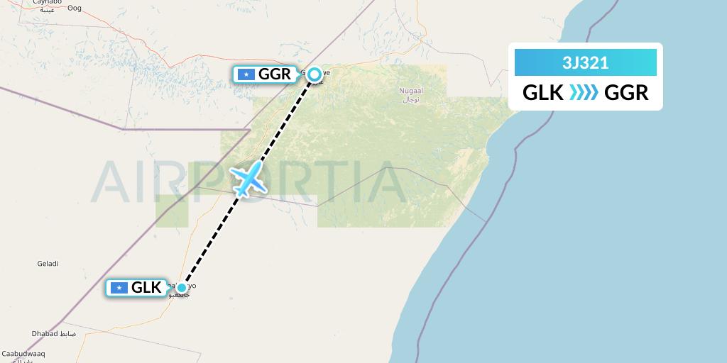 3J321 Jubba Airways Flight Map: Galcaio to Garoe