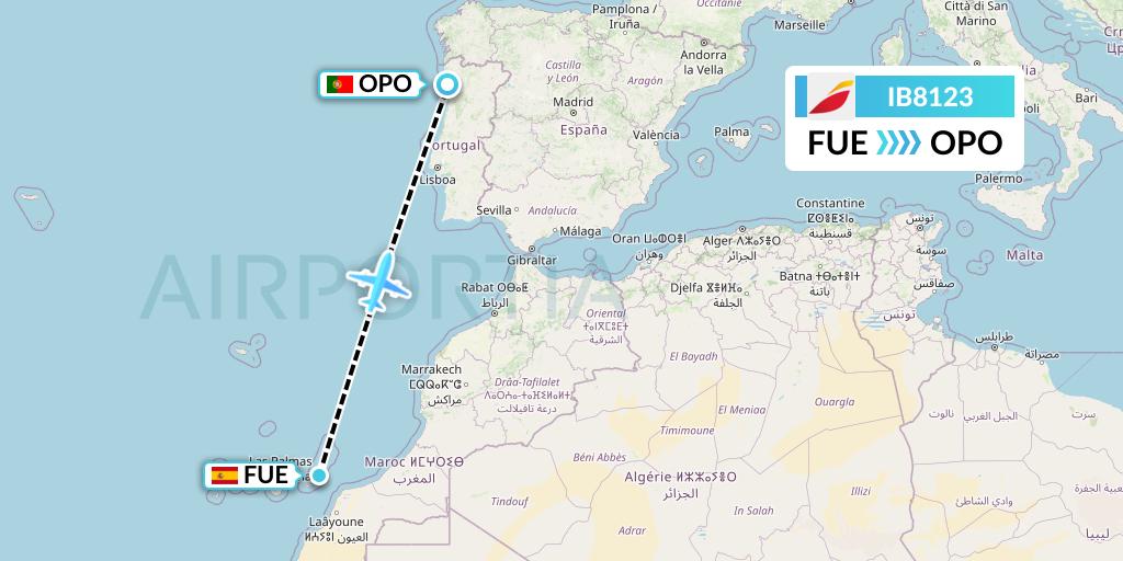 IB8123 Iberia Flight Map: Fuerteventura to Porto