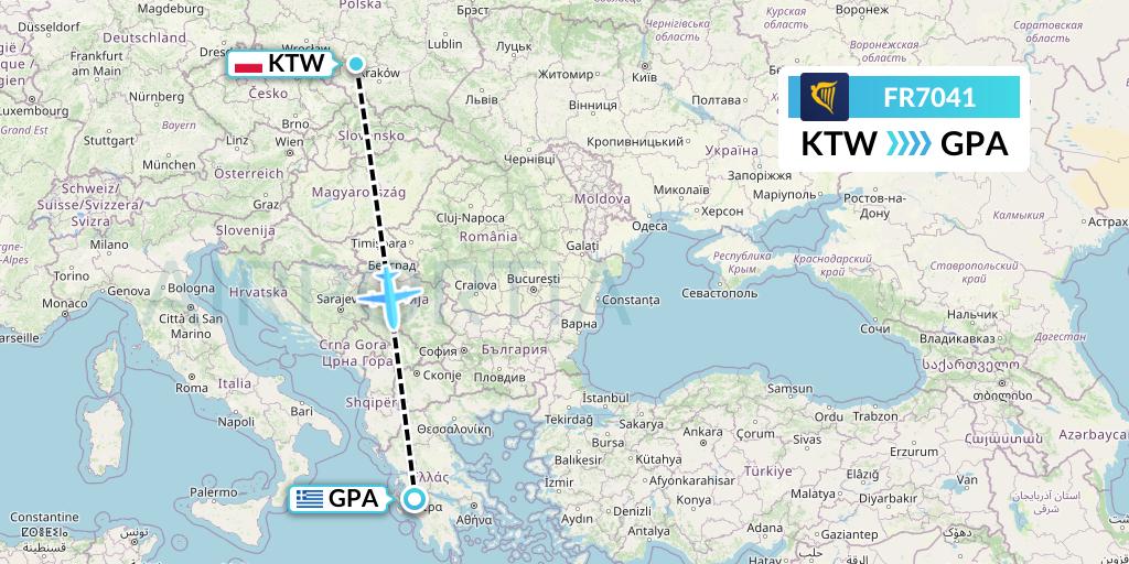 FR7041 Ryanair Flight Map: Katowice to Patras
