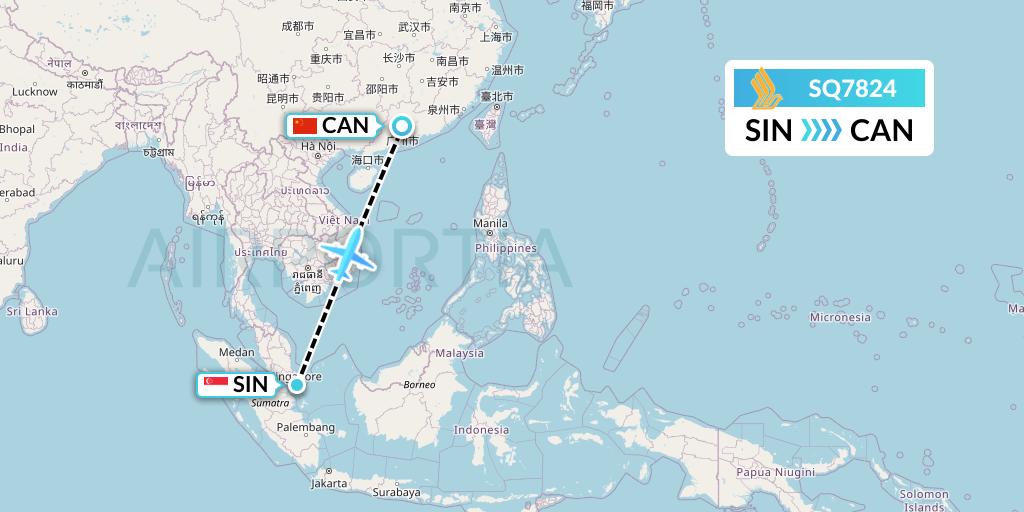 SQ7824 Singapore Airlines Flight Map: Singapore to Guangzhou