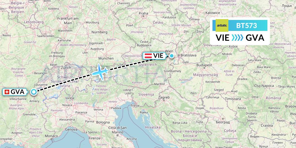 BT573 Air Baltic Flight Map: Vienna to Geneva