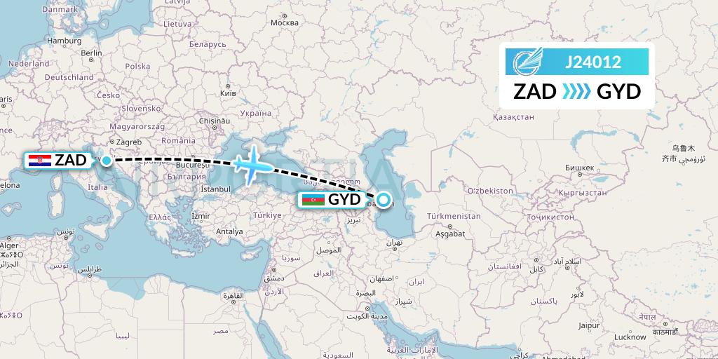 J24012 Azerbaijan Airlines Flight Map: Zadar to Baku
