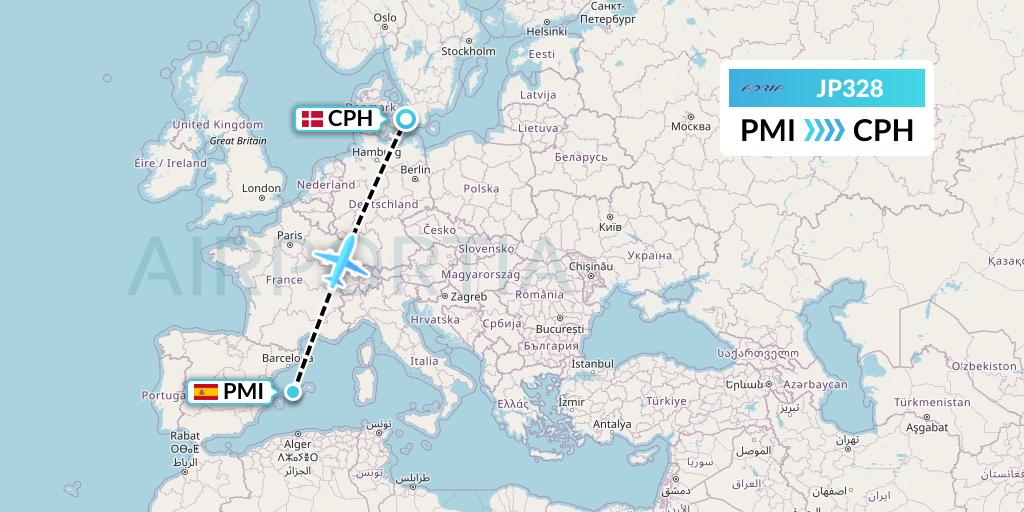 JP328 Adria Airways Flight Map: Palma de Mallorca to Copenhagen
