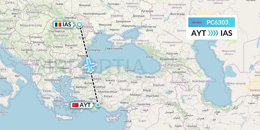 PC6303 Pegasus Airlines Flight Map: Antalya to Iasi
