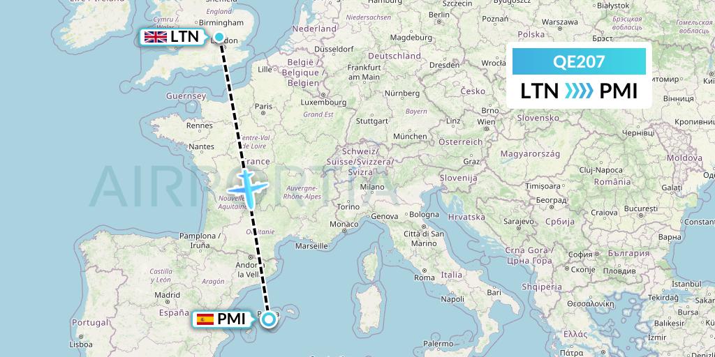 QE207 Air Moorea Flight Map: London to Palma de Mallorca