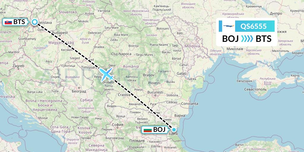 QS6555 Smartwings Flight Map: Burgas to Bratislava