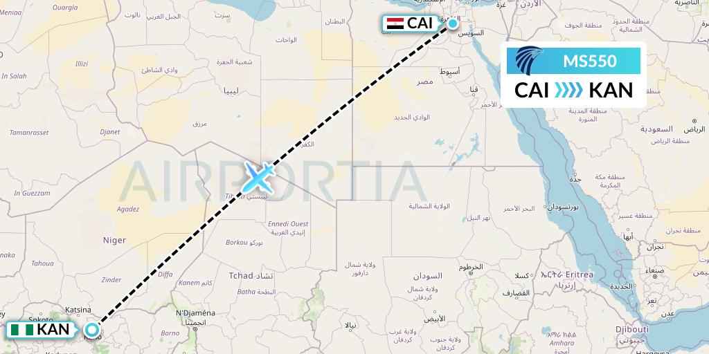 MS550 EgyptAir Flight Map: Cairo to Kano