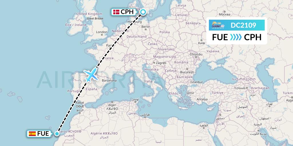 DC2109 Braathens Regional Flight Map: Fuerteventura to Copenhagen