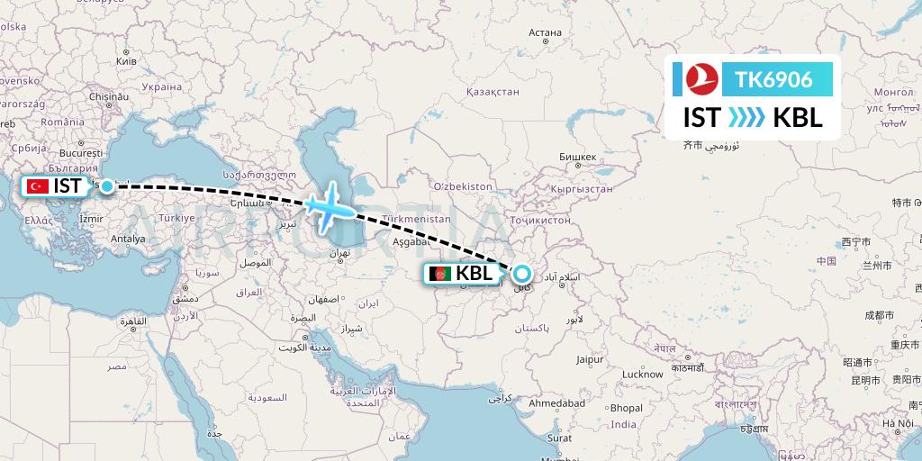 TK6906 Turkish Airlines Flight Map: Istanbul to Kabul