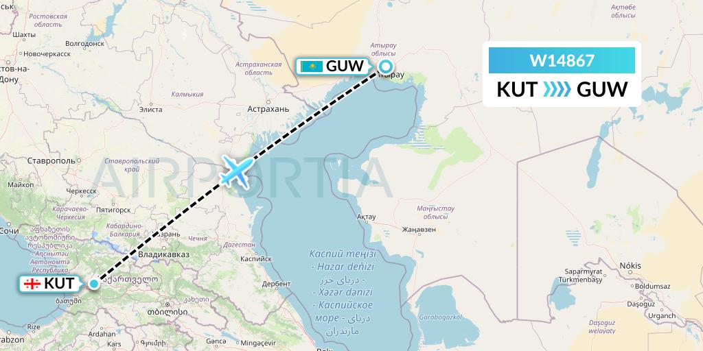 W14867 World Ticket Ltd Flight Map: Kutaisi to Atyrau