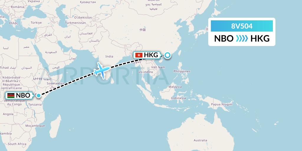 8V504 Wright Air Service Flight Map: Nairobi to Hong Kong